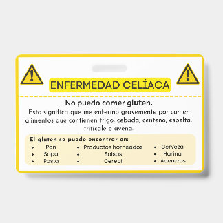 Spanish Celiac Disease Gluten Allergy Alert Card Badge