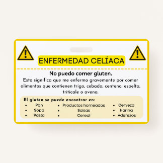 Spanish Celiac Disease Gluten Allergy Alert Card Badge