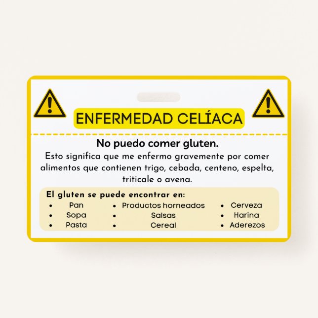 Spanish Celiac Disease Gluten Allergy Alert Card Badge (Front)