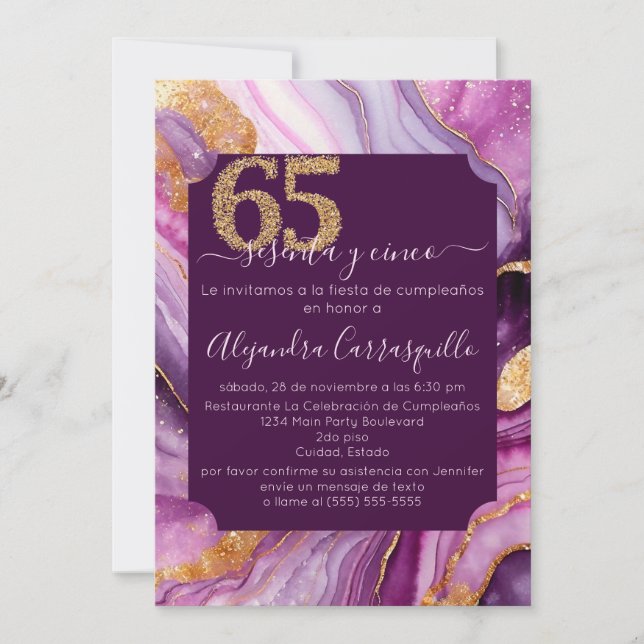Spanish Chic Pink Purple Agate 65th Birthday Party Invitation (Front)