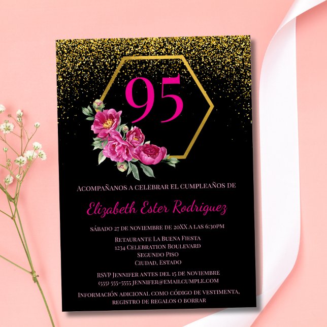 Spanish Classy Black Gold & Pink 95th Birthday Invitation (Creator Uploaded)