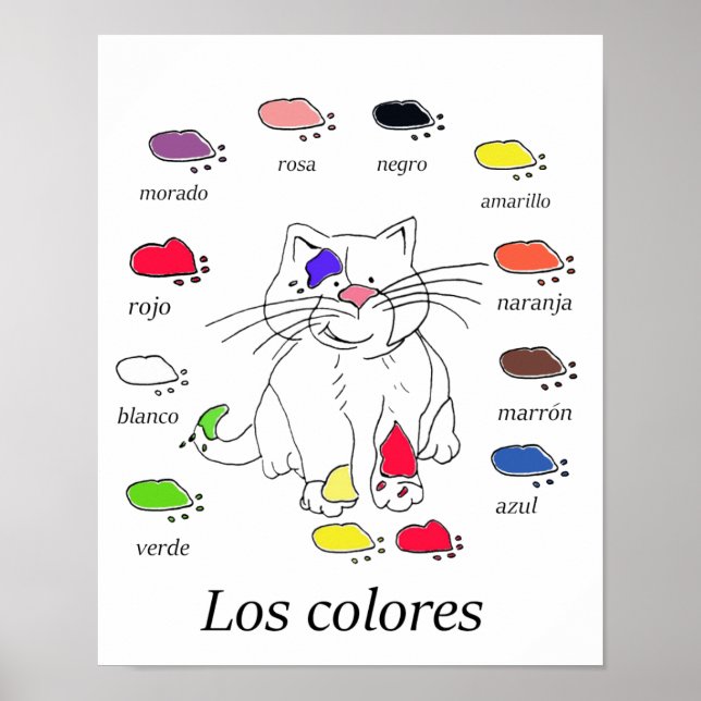 Spanish colour teaching poster with cat & paints (Front)