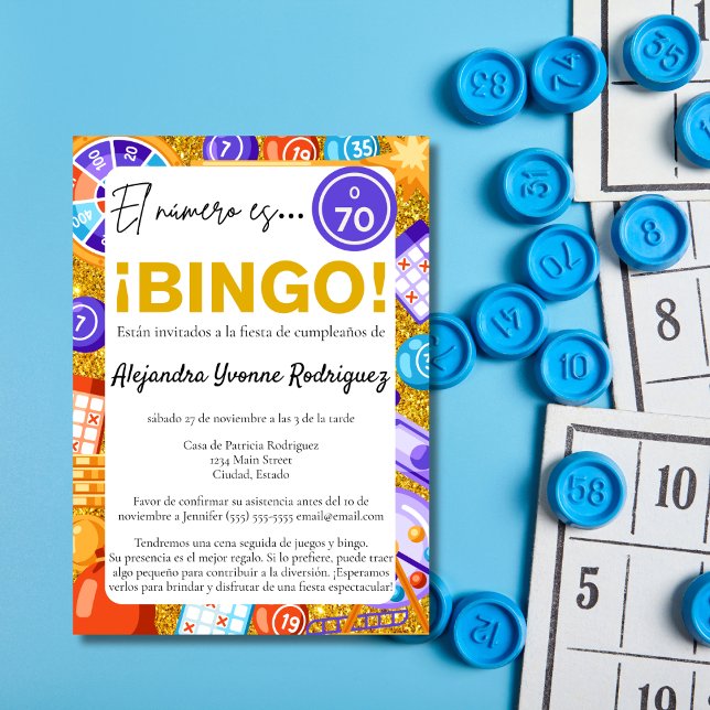 Spanish Colourful Bingo & Games Fun 70th Birthday Invitation (Creator Uploaded)