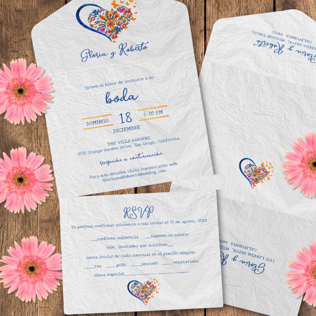 Spanish, Colourful Floral Heart Mexican Wedding All In One Invitation (Creator Uploaded)