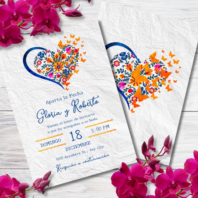 Spanish, Colourful Floral Heart Mexican Wedding Invitation (Creator Uploaded)