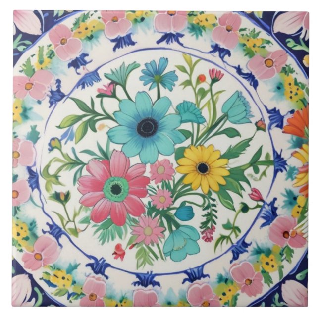 Spanish Colourful Vibrant Flowers Pink Blue Floral Tile (Front)