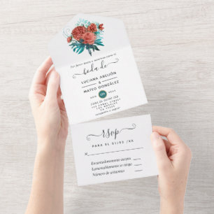 Spanish Coral and Teal Floral Wedding All In One I Invitation