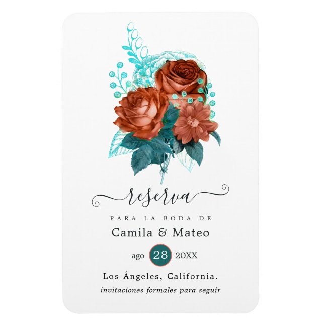 Spanish Coral and Turquoise Wedding Save the Date Magnet (Vertical)