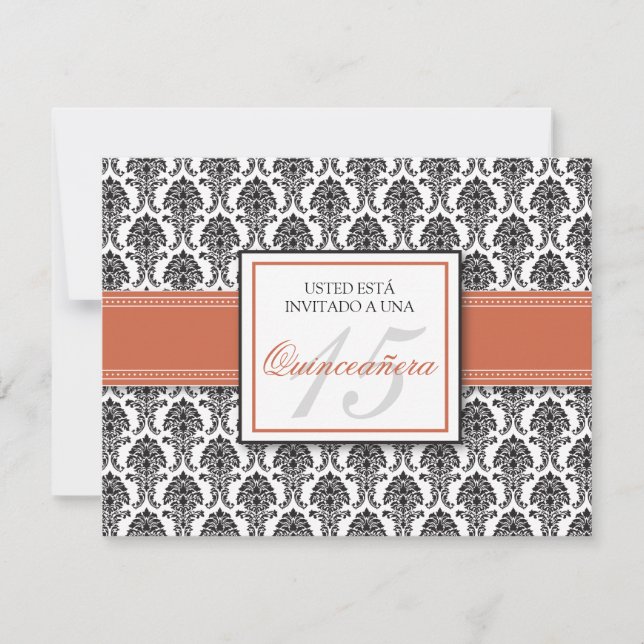 SPANISH Coral Damask Quinceañera Invitación Invitation (Front)