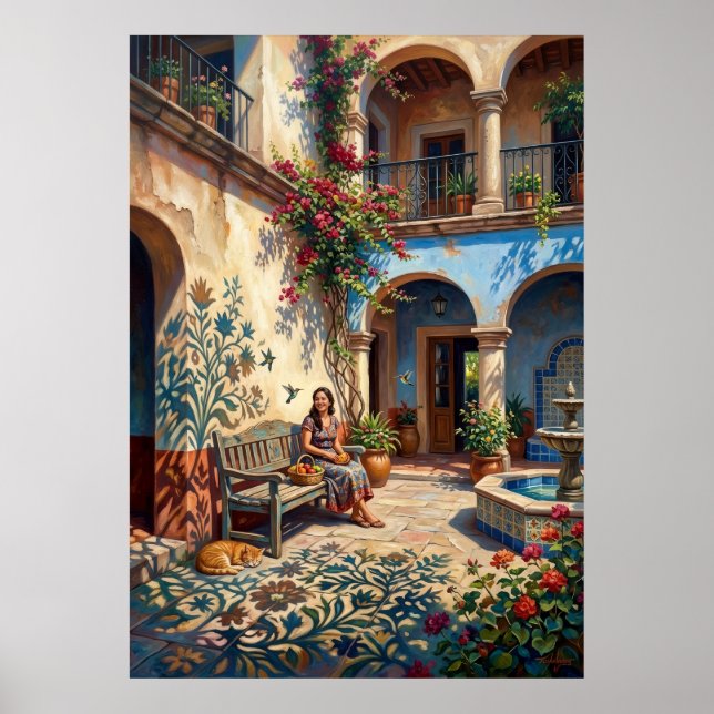 Spanish Courtyard Bougainvillea Fountain Woman Cat Poster (Front)