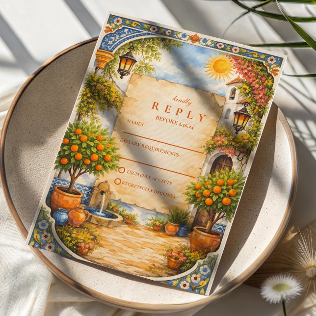 Spanish Courtyard Romance Wedding RSVP Card (Creator Uploaded)