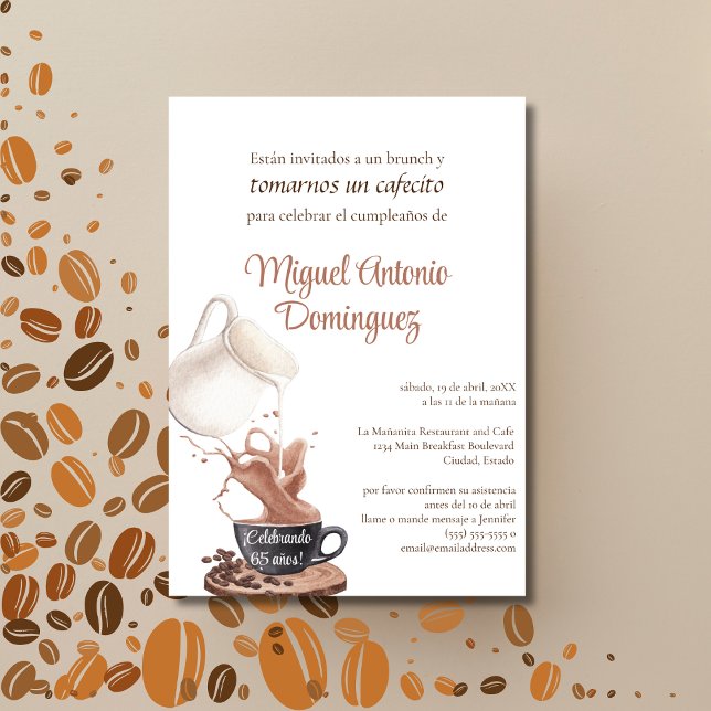 Spanish Cute Coffee Splash 65th Birthday Party  Invitation (Creator Uploaded)
