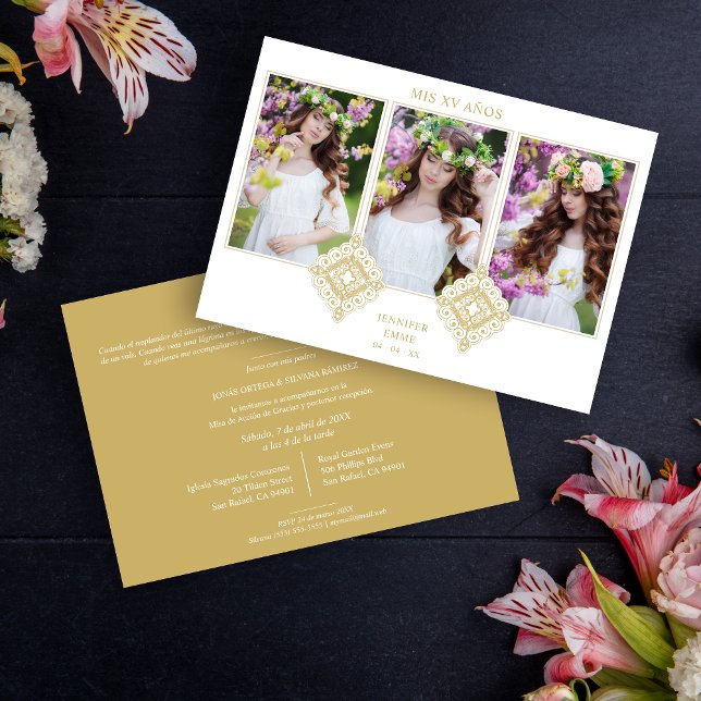  Spanish Cute Luxurious Flourish Gold Ornament Invitation (Spanish Cute Luxurious Flourish Gold Ornament XV Años Invitation Card.)