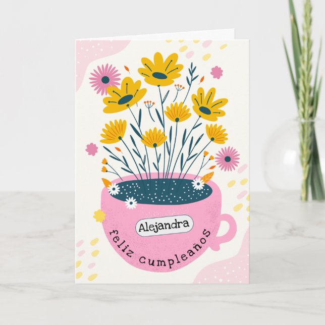 Spanish Cute Pink Coffee Mug Planter Birthday  Card (Front)