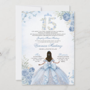 Spanish Dusty Blue Floral 15 Años Girl Princess Invitation