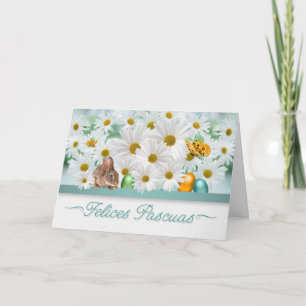 Spanish Easter Daisy Garden Bunny and Eggs Card