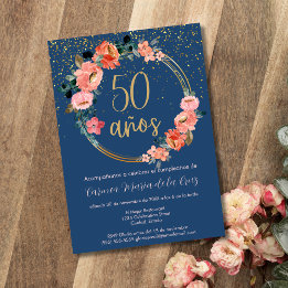 Spanish Elegant Blue Floral 50th Birthday Party Invitation