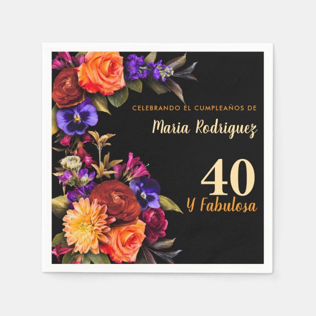 Spanish Elegant Bright Florals Black 40th Birthday Napkin (Front)
