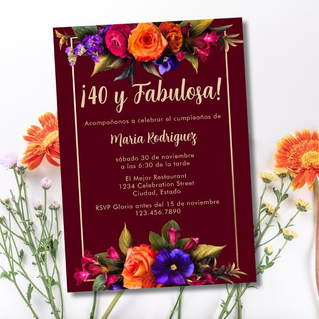 Spanish Elegant Bright Florals Red 40th Birthday Invitation (Creator Uploaded)