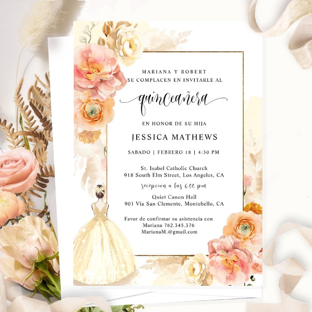 Spanish, Elegant Champagne Floral Quinceañera Invitation (Creator Uploaded)
