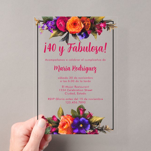Spanish Elegant Chic Bright Florals 40th Birthday Acrylic Invitations (Insitu (Handheld))