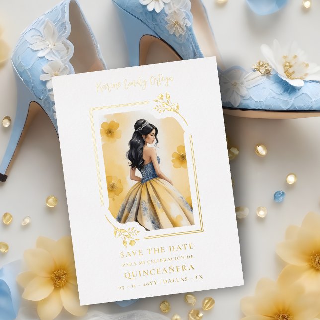 Spanish Elegant Quinceañera Yellow Doll Floral (Spanish Elegant Quinceañera in Yellow Doll Floral Frame Metallic Foil Save the Date Card. )