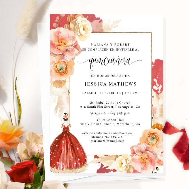 Spanish, Elegant Red Floral Quinceañera Invitation (Creator Uploaded)