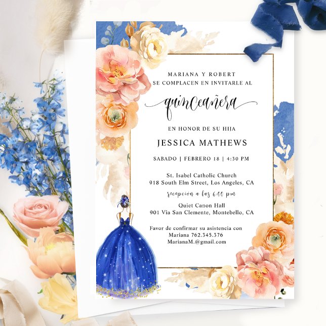 Spanish, Elegant Royal Blue Floral Quinceañera Invitation (Creator Uploaded)