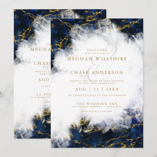 Spanish English Elegant Lapis Lazuli Crystal Geode Invitation (Front/Back)