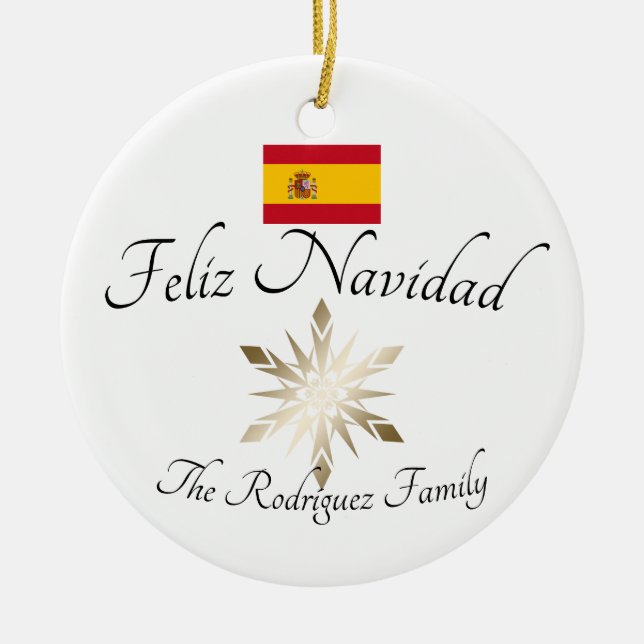 Spanish Family Name Feliz Navidad Spain Flag Ceramic Ornament (Front)