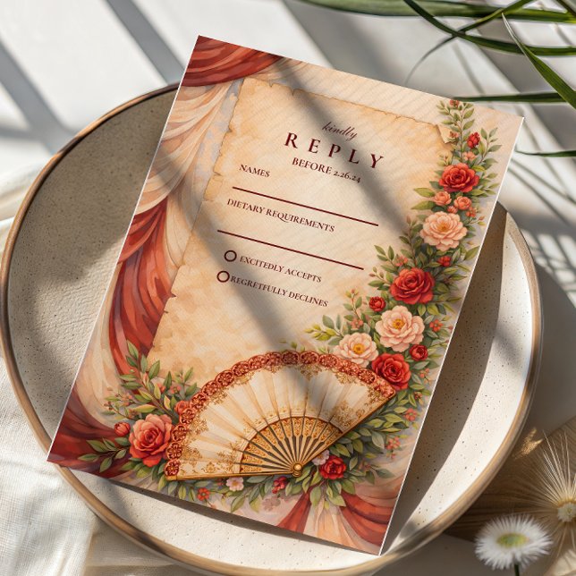 Spanish Fan Romance Wedding RSVP Card (Creator Uploaded)