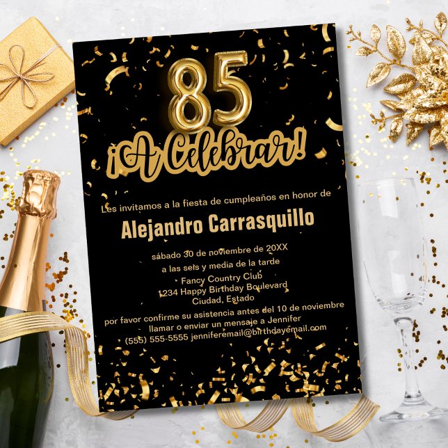 Spanish Fancy Black & Gold Confetti 85th Birthday Invitation (Creator Uploaded)