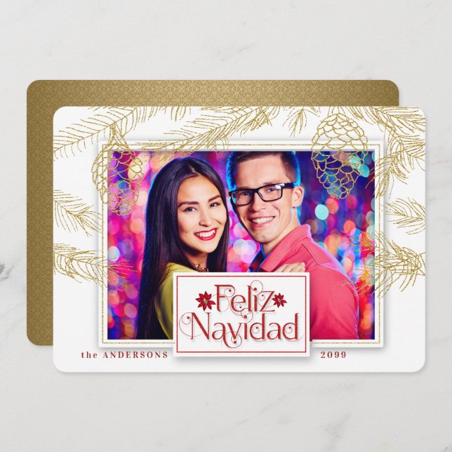 Spanish Feliz Navidad in Gold Christmas Photo Holiday Card (Front/Back)