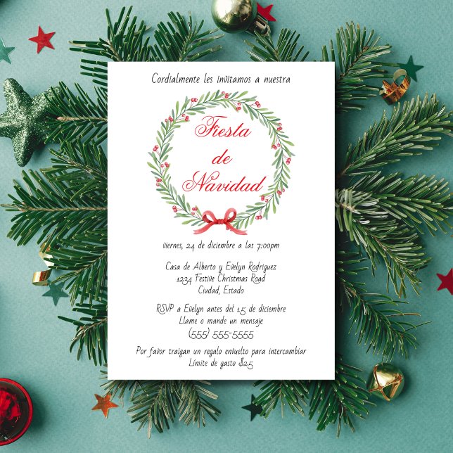 Spanish Fiesta de Navidad Wreath Christmas Party Invitation (Creator Uploaded)