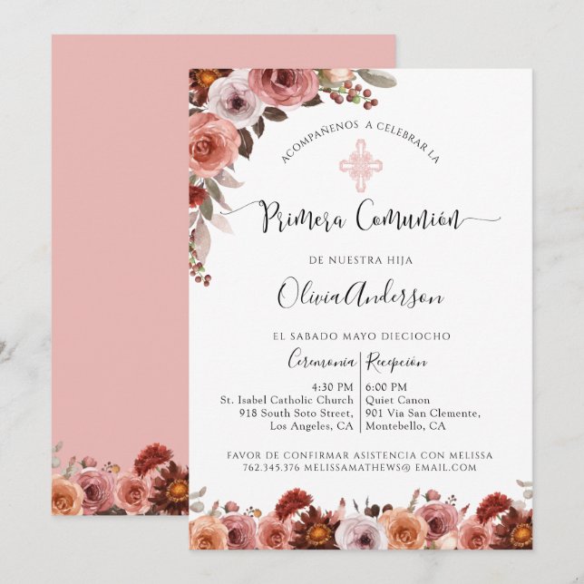 Spanish First Communion Pink Floral Invitation (Front/Back)