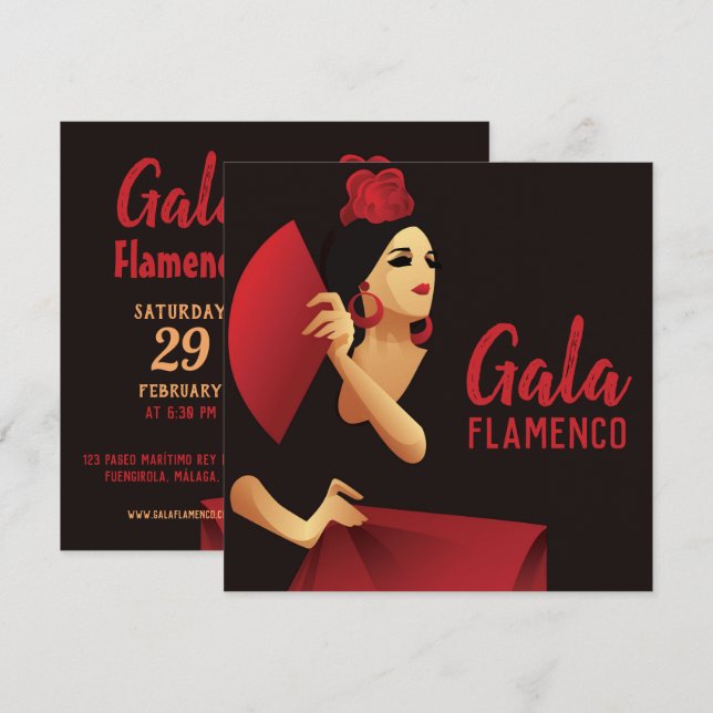 Spanish flamenco dancer with fan black and red invitation (Front/Back)