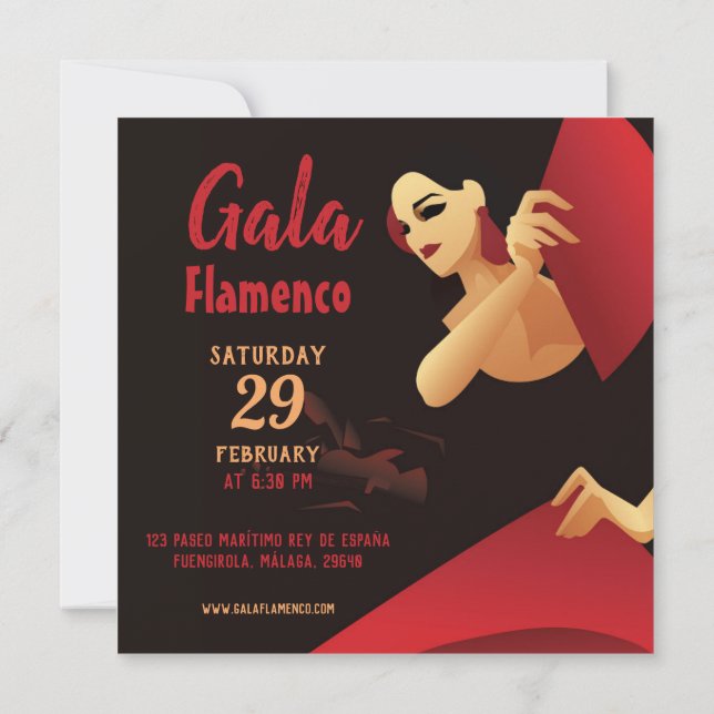 Spanish flamenco dancer with fan black and red invitation (Back)