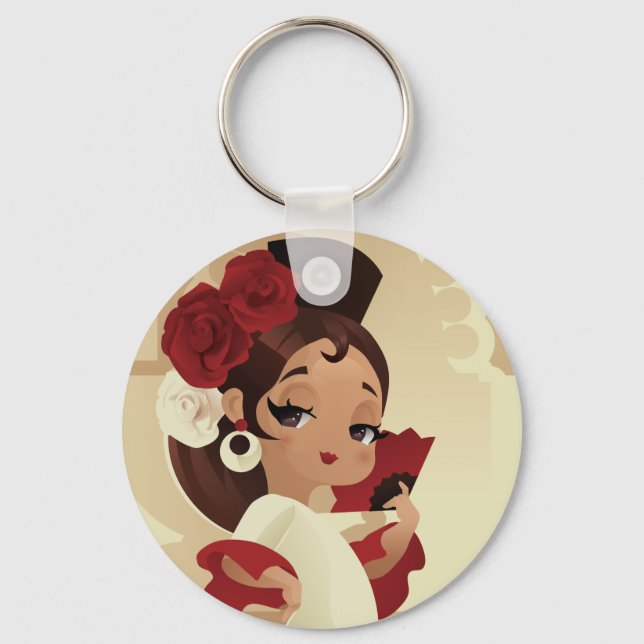 Spanish flamenco festive chibi cartoon girl keychain (Front)
