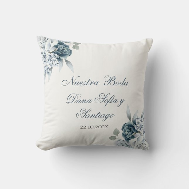 Spanish Floral Blue Wedding Throw Pillow (Front)