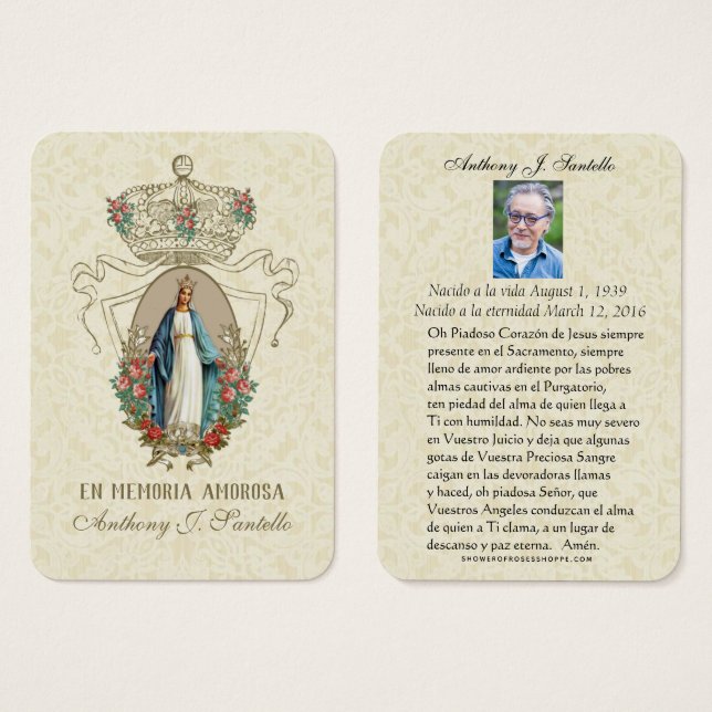 Spanish Funeral Catholic Virgin Mary Memorial Pray (Front & Back)
