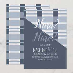 Spanish Gender Reveal Boy or Girl Plaid Blue Invitation