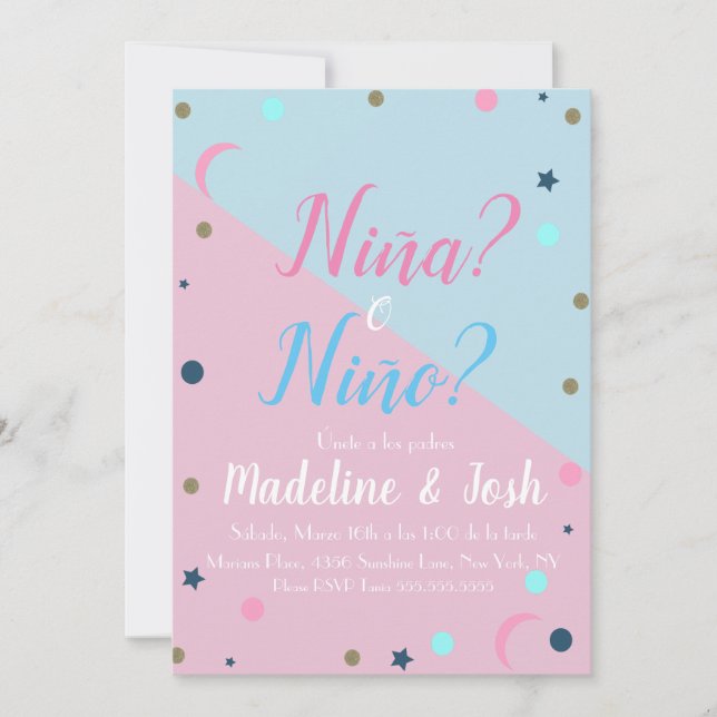 Spanish Gender Reveal Boy or Girl Stars Moon Invitation (Front)