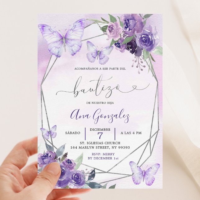 Spanish Geometric Purple Floral Butterfly Bautizo Invitation (Creator Uploaded)