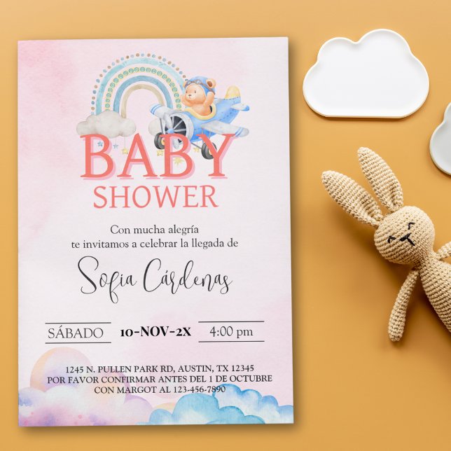Spanish Girl Baby Shower Teddy Bear Airplane Pink Invitation (Spanish Girl Baby Shower Teddy Bear Airplane Pink Invitation)