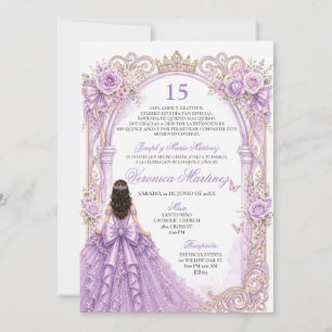 Spanish Glitter Purple Floral Princess Bow 15 Años Invitation
