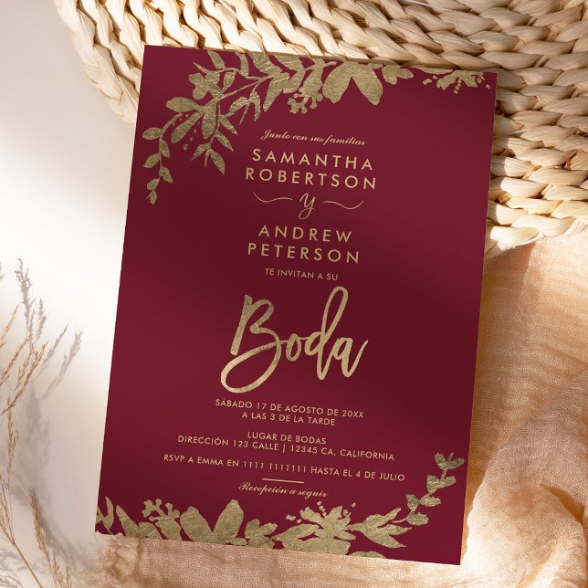 Spanish Gold leaf floral burgundy chic wedding Invitation (Creator Uploaded)