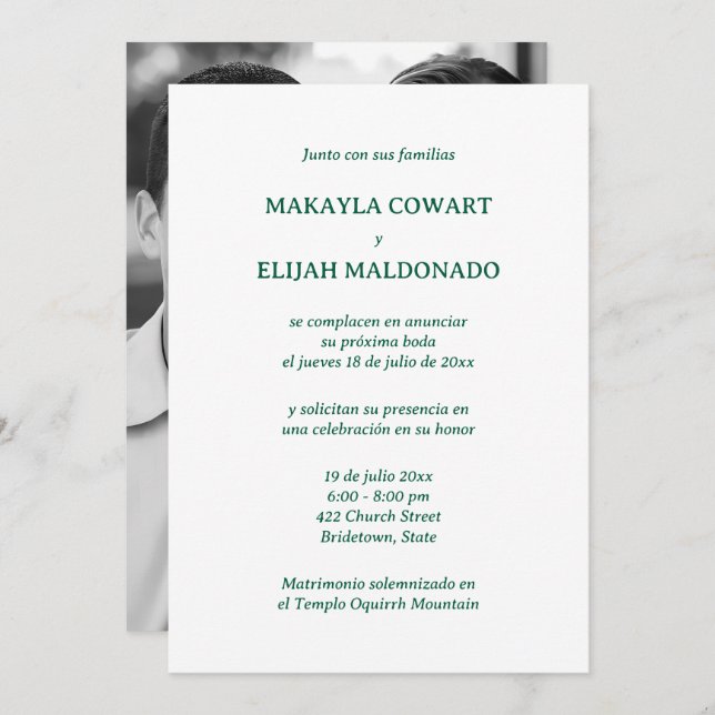 Spanish Green and White Wedding Reception Invitation (Front/Back)