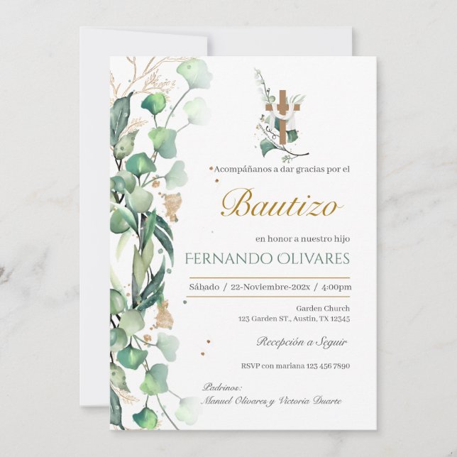 Spanish Greenery Floral Baptism  Invitation (Front)