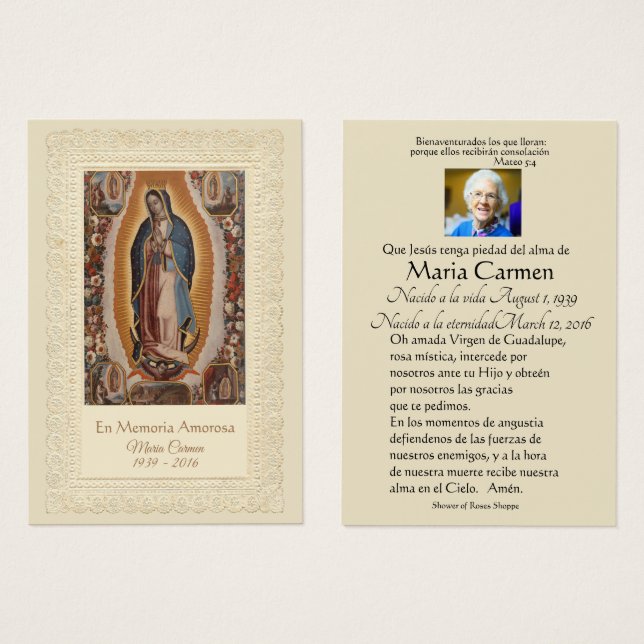 Spanish Guadalupe Mary Funeral Prayer  Holy Card (Front & Back)