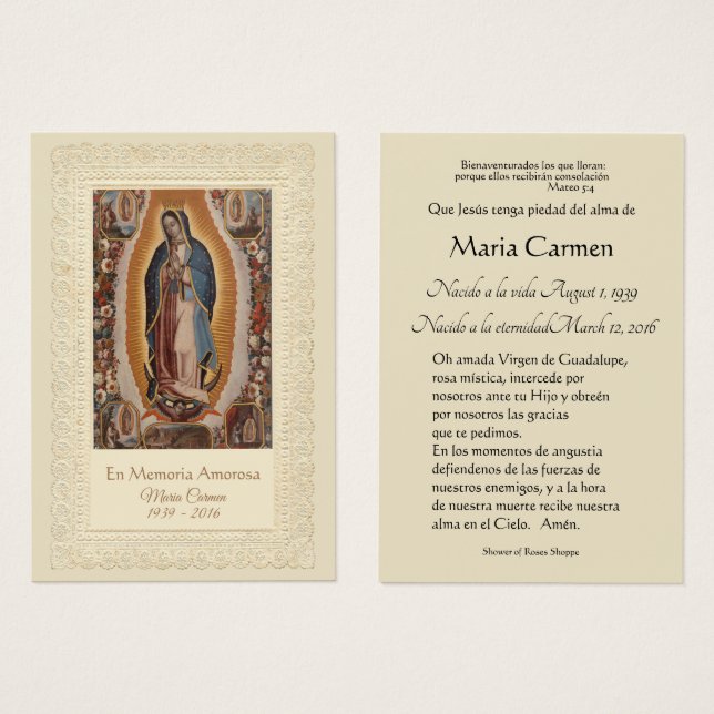 Spanish Guadalupe Mary Funeral Prayer  Holy Card (Front & Back)